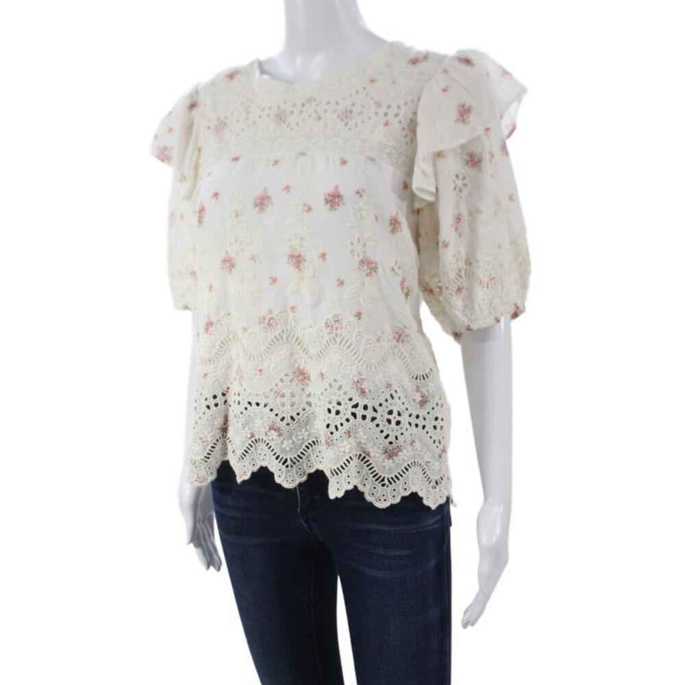 Love Shack Fancy Women White Floral Cotton Tunic Short Sleeve Bohemian Size M - Picture 2 of 7